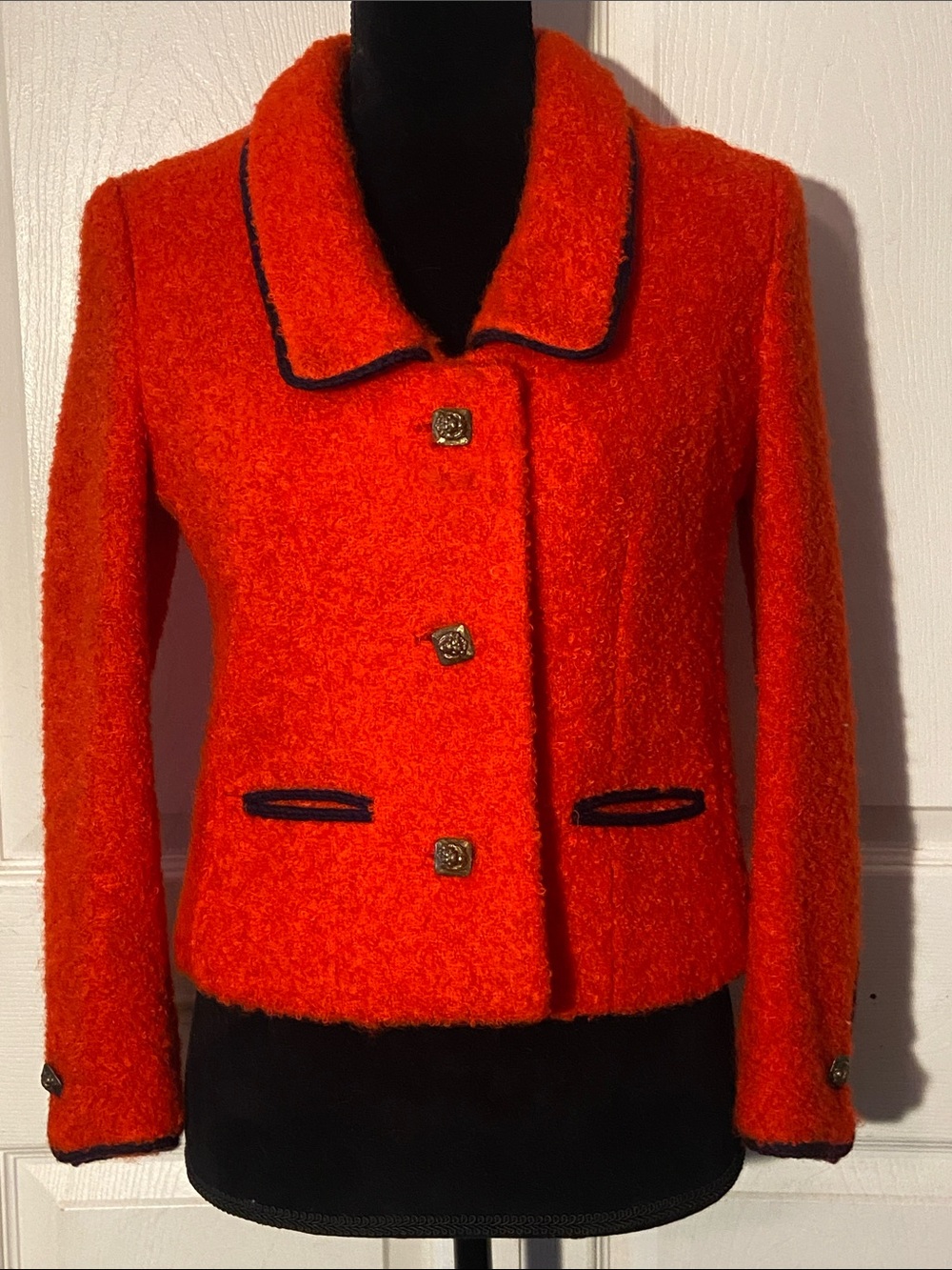 VTG Neiman Marcus Bright Orange Bouclé Blazer with Black Trim Sz S